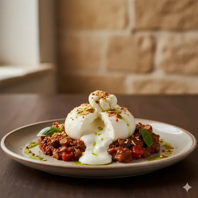 Burrata di Andria con Caponata di Melanzane e Mandorle Tostate