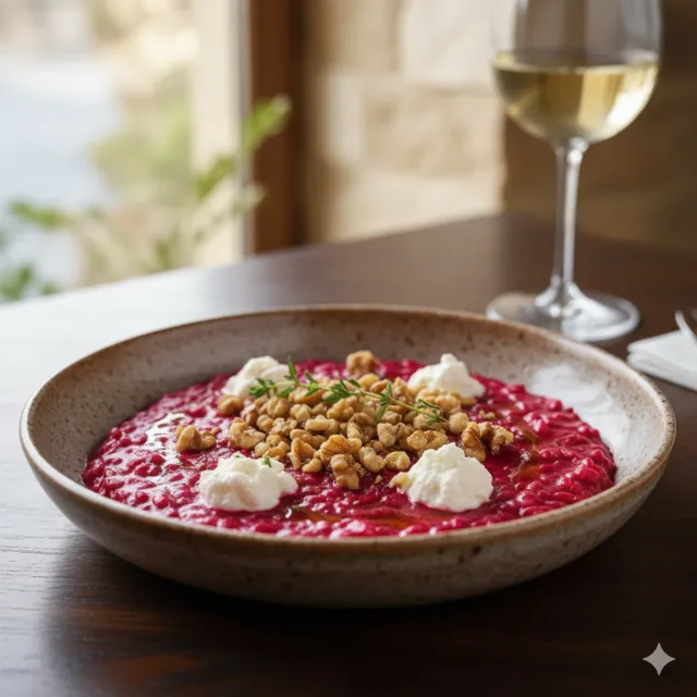 Risotto Acquerello con Barbabietola, Caprino e Noci