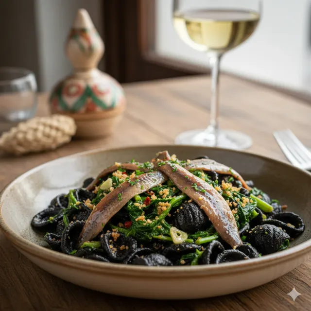 Orecchiette di Grano Arso con Cime di Rapa e Acciughe del Cantabrico