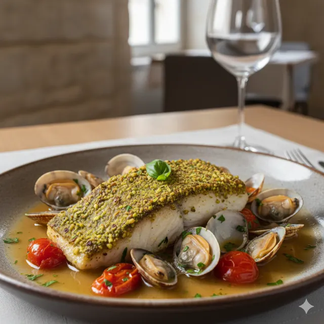 Filetto di Spigola in Crosta di Pistacchi su Guazzetto di Vongole